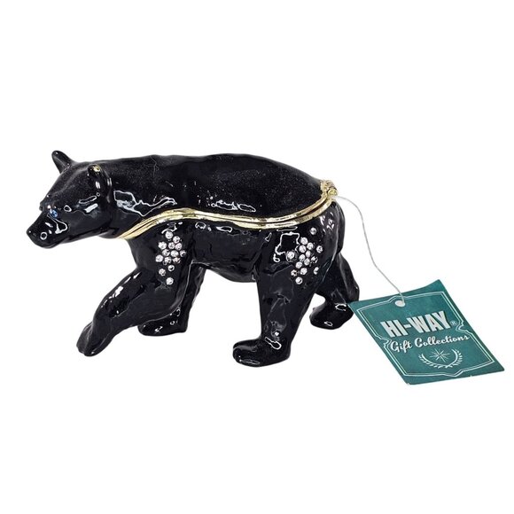 Black Bear Trinket Box Hinged Bejeweled Enameled Magnet Closure - Picture 1 of 9